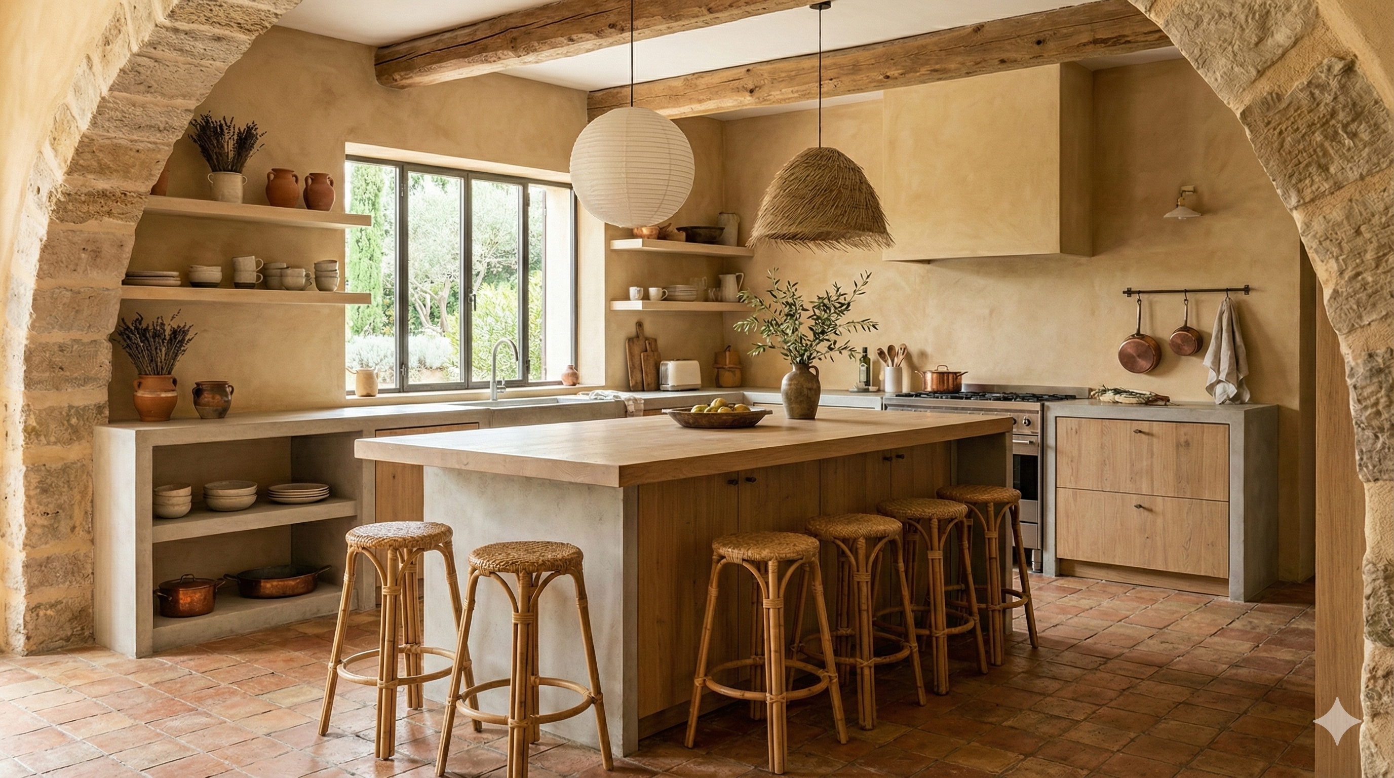 Cuisine provençale avec arches en pierres