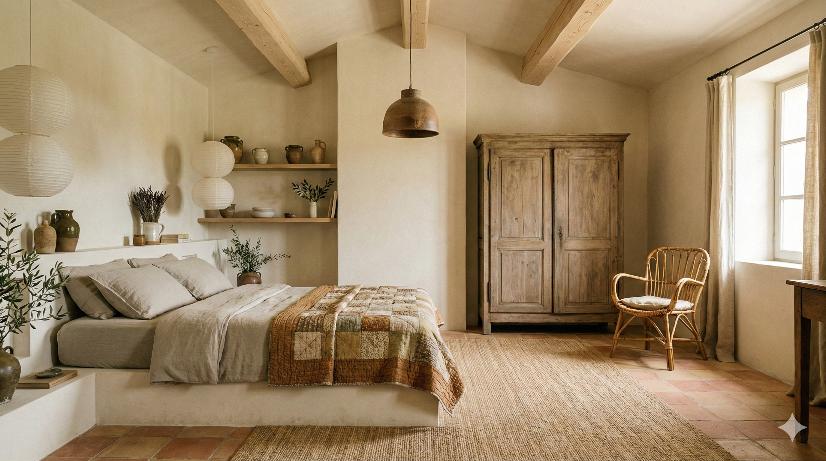 Chambre provençale avec poutres apparentes