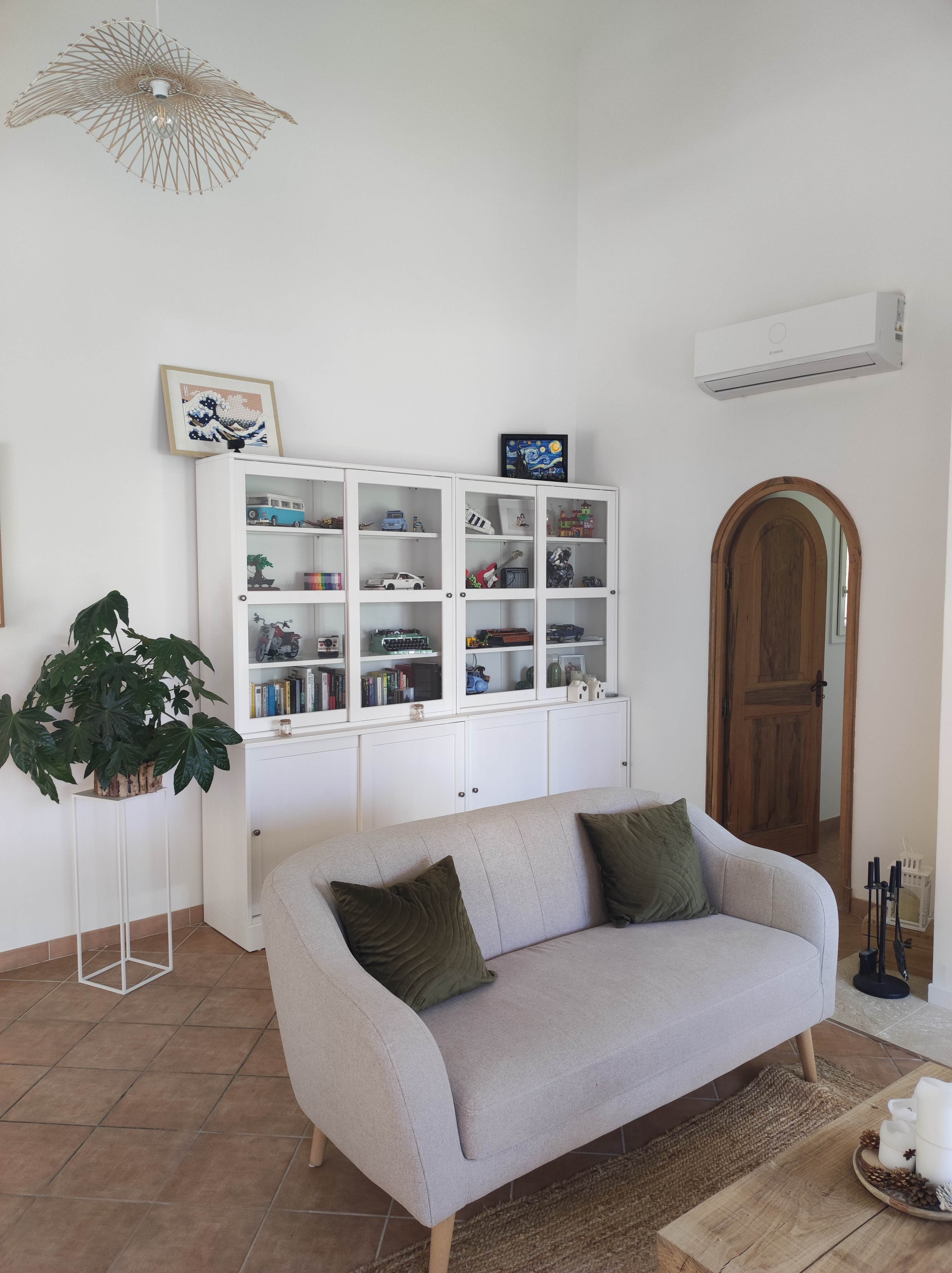 Salon avec bibliothèque et canapé